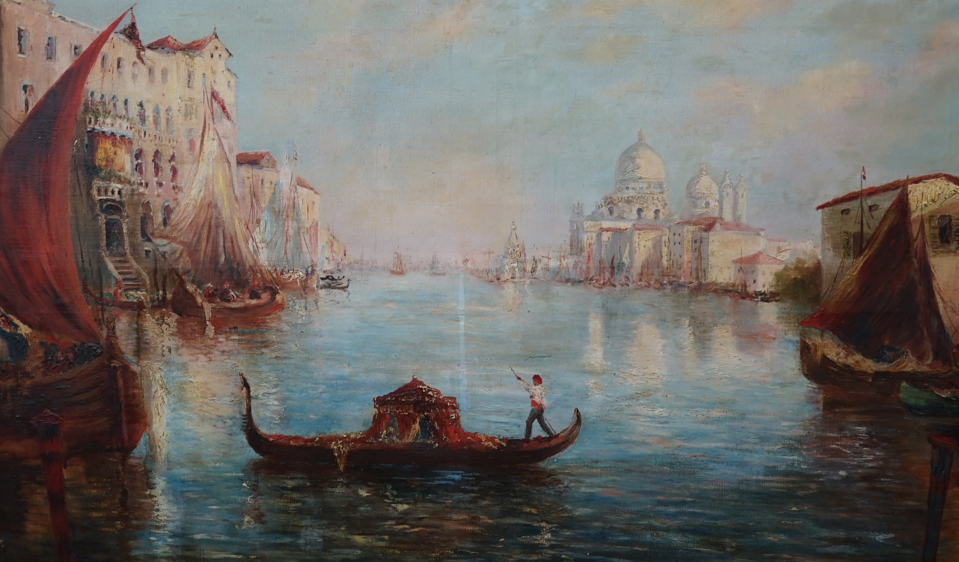 T. Jarazynski (19th.C), oil on canvas, Venetian scene, signed, unframed, 66 x 112cm. Condition - poor to fair, surface dirt and scuffs